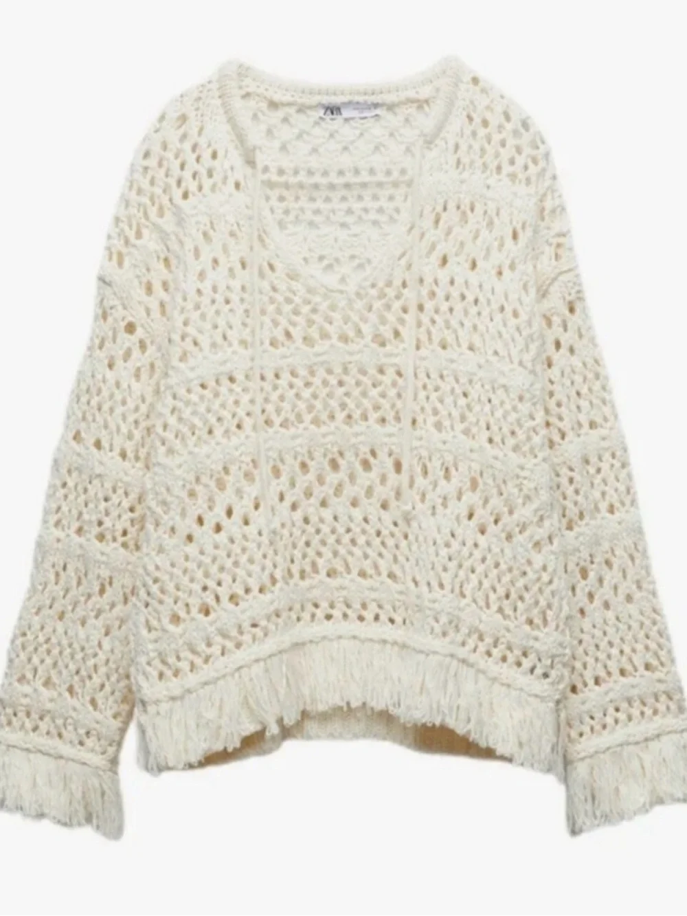 Zara Fringe Crochet Sweater Top Open Knit V-Neck Tassel Boho Beach Shirt